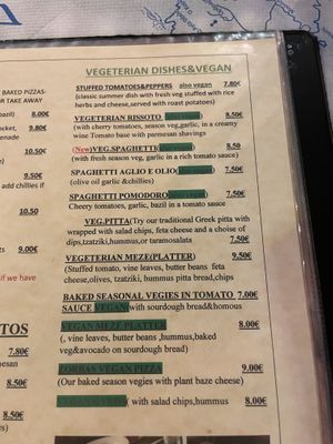 Vegetarian and vegan menu at Zorbas in Zakynthos