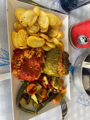 Stuffed tomato and pepper  at Zorbas in Zakynthos