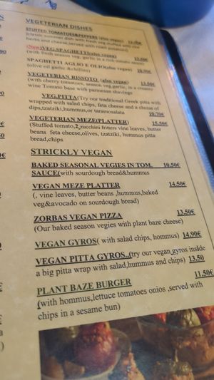 Vegan menu at Zorbas in Zakynthos