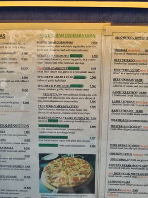 Vegan/vegetarian menu at Zorbas in Zakynthos