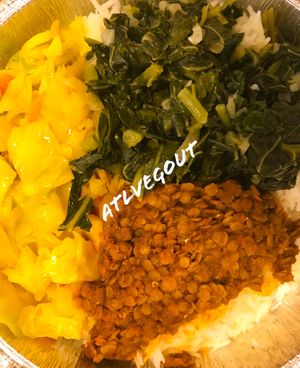 Tigi's Vegi Combo - Gomen Wot,  Tikil Gomen Wot, Misir Wot and Rice   at Tigi's in Stone Mountain