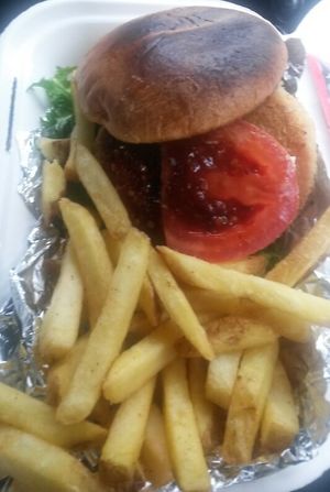 Vegetable burger with chips  at Cafe Under the Spire in Gateshead