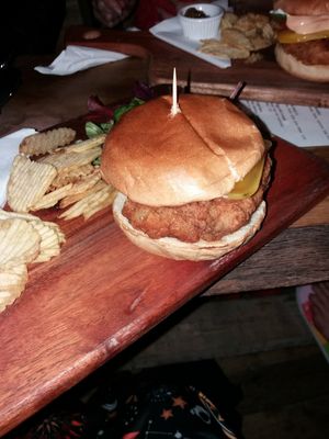 Vegan Burger with crisps, side salad & chips. The burger had vegan mayo, vegan cheese, tomato & ghirkin as a topping. at Cafe Under the Spire in Gateshead