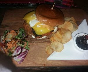 Vegan Burger with vegan cheese, crisps & salad. at Cafe Under the Spire in Gateshead