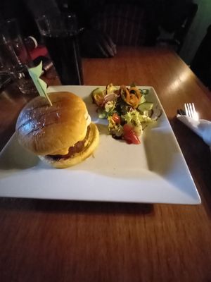 Vegan Cheeze Burger with Salad. at Cafe Under the Spire in Gateshead