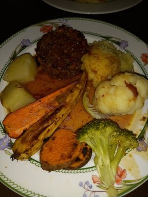 Vegan Sunday Dinner. (The Yorkshire Puddings are NOT Vegan!) at Cafe Under the Spire in Gateshead