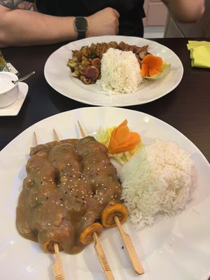 Our mains (chicken satay skewers and vegan duck Szechuan style)  at Tau in Vienna