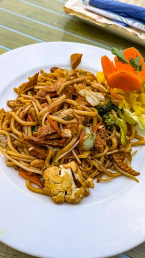 Fried udon noodles, soy "meat" and vegetables at Tau in Vienna