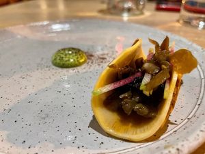 Celery Root, Rutabaga, Herby Tofu, Hen of the Woods  at Oyster Oyster in Washington