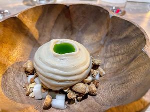 Nashi Pear, Peanut, Ginger Oats, Lemon Verbena  at Oyster Oyster in Washington