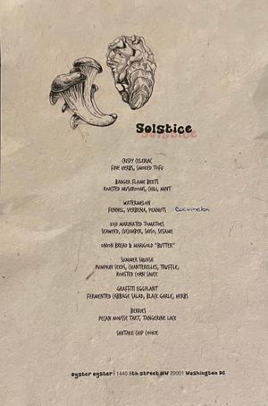 The July 20, 2022 Solstice menu.  at Oyster Oyster in Washington