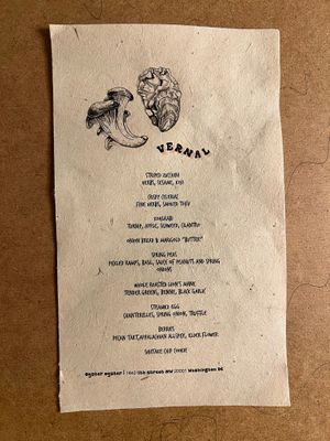 The June 16, 2022 Vernal menu. at Oyster Oyster in Washington