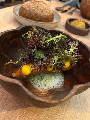 Charred sweet potato with kohlrabi, salsa macha, and mustard frills.  at Oyster Oyster in Washington