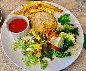 Carrot Wellington with Spiced Marmalade, greens and fries at The Caley Inn - Caledonian Hotel in Ullapool