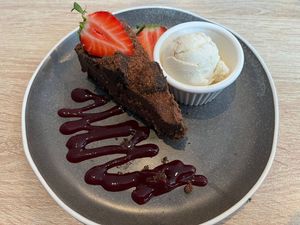 Chocolate-truffel-tarte with vegan icecream at The Caley Inn - Caledonian Hotel in Ullapool