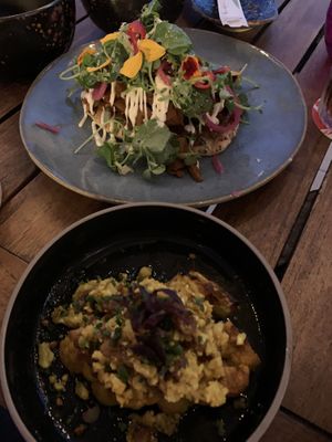 Top: vegan karma kebab €11, bottom: cauliflower steak €10  at Rooftop Bar Mauve in Tilburg