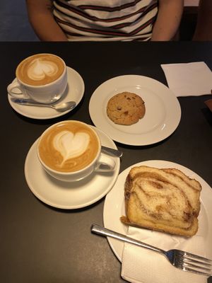 Almond flat whites, miso cookie and cinnamon babka   at Espresso Embassy in Budapest