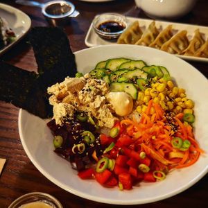 Rice bowl and gyoza at Little Bento Box in Worcester