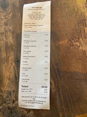 Bill for 7 dishes and 2 drinks at Fattoush in Ghent