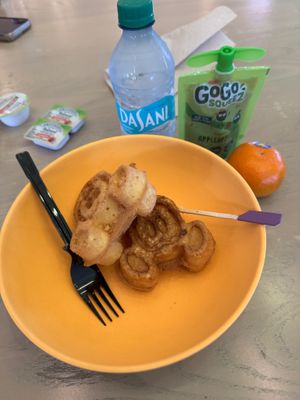 Kid's Mickey waffles with apple sauce, mandarin and water at Walt Disney World - Centertown Market in Lake Buena Vista
