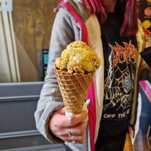 Waffle cone, thunder and lightening and Black Forest gateau with honeycomb pieces   at Hales Of Cartmel in Cartmel