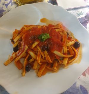 Pasta with tomato sauce and olives at Monnalisa in Sorrento