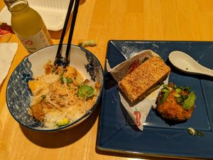 Beehoon noodles, half Shaobing #56, congee ball at Lion Dance Cafe in Oakland