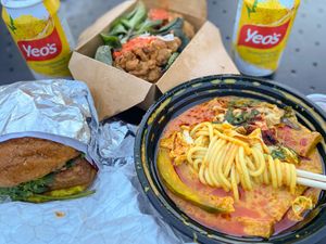 Laksa and Tauhu goreng sandwich  at Lion Dance Cafe in Oakland