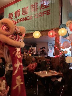 Intro to lion dance inside of Lion Dance Cafe  at Lion Dance Cafe in Oakland