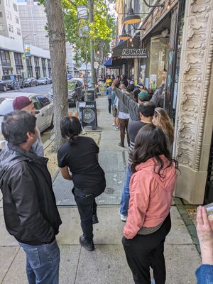 Lines on the last night... Heard someone telling people at the end of the line they may not ever make it in. This photo is of our spot in line arriving 35 minutes before opening ti at Lion Dance Cafe in Oakland