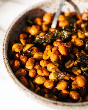 makrut lime leaf fried peanuts, photo by Emma K Morris at Lion Dance Cafe in Oakland