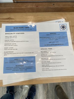 Coffee and tea menu at Blue Pearl Cafe in Ardmore