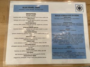 Smoothie menu at Blue Pearl Cafe in Ardmore
