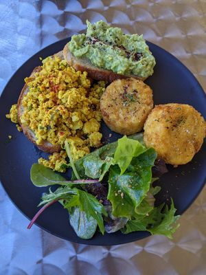 Scrambled tofu, smashed avo and potato at The Vegan Club in Carlton North