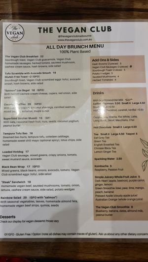 Menu at The Vegan Club in Carlton North