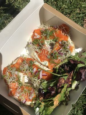 Salmon 🥕 bagel with cashew cream cheese and sprouts and capers — SO YUM! (Next time will request a toasted bagel as I’m not sure this one was toasted) at The Vegan Club in Carlton North