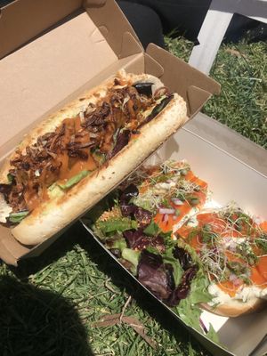 Loaded hot dog (sausage made in house) + lox bagel at The Vegan Club in Carlton North