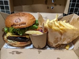 Double mushroom burger meal. at Eden Jaxx in Copenhagen