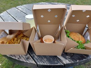 Garden burger with gluten free bun, fries and the new vegan saitan chickn with barbecue dip at Eden Jaxx in Copenhagen