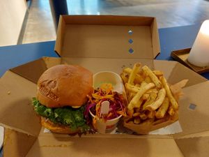Beyond burger combo with slaw, fries and XL green goddess dip. This dip is like heaven. at Eden Jaxx in Copenhagen