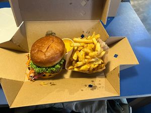 Garden burger and chips  at Eden Jaxx in Copenhagen