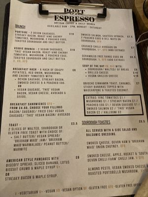 Menu at Port Espresso in Brixham