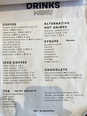 Hot drinks menu  at Port Espresso in Brixham