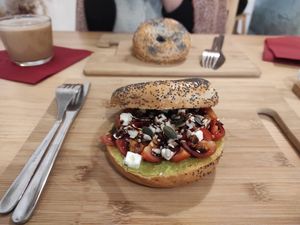 Vegetarian bagel with Feta Cheese at The Happy Nest in Porto