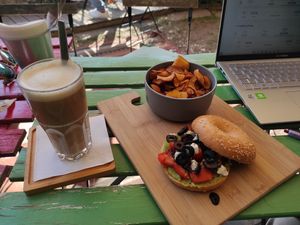 Bagel and Avena Latte at The Happy Nest in Porto