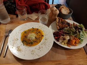 Soup and main course with salad. Both very delicious at 1001 Saveurs Sauvages in Ajaccio