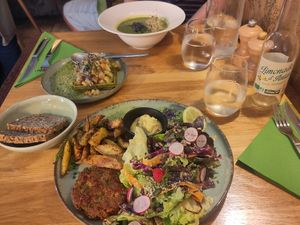 Vegetable Steak and cold soup at 1001 Saveurs Sauvages in Ajaccio