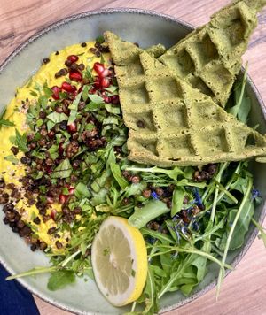 Spinach waffles with white bean and curry dip   at 1001 Saveurs Sauvages in Ajaccio