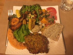 Daily plate with a salad and a vegan mixed grain patty at 1001 Saveurs Sauvages in Ajaccio