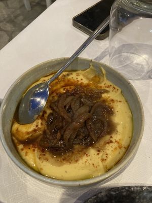 Fava of Santorini (split peas) with caramelised onions and grape jam  at Basilikos Restaurant in Skiathos